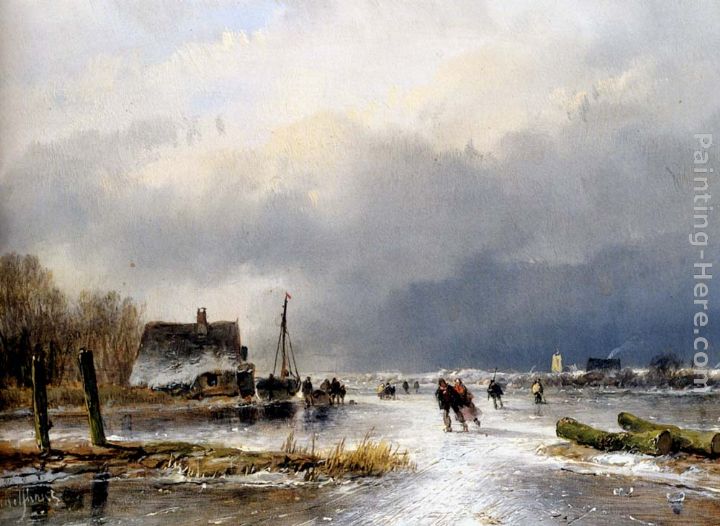 A Winter Landscape With Skaters On A Frozen Waterway painting - Andreas Schelfhout A Winter Landscape With Skaters On A Frozen Waterway art painting